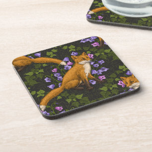 Dessous-de-verre Renard, fleurs et lierre, vert, orange et viole