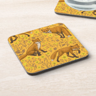 Dessous-de-verre Renards et papillons sur orange