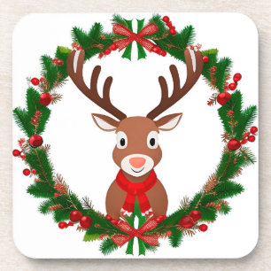 Dessous-de-verre Renne de dessin animé par couronne de Noël festive