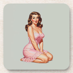 Dessous-de-verre Retro Brunette Pin-up Girl en rose