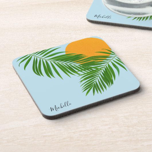 Dessous-de-verre Retro Tropical Sun Palm Leaves Blue Minimal Name (Côté gauche)