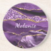 Dessous de verre rond d'or violet avec nom personn (Devant)