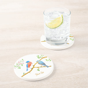Dessous de verre rond en grès blanc Bluebirds
