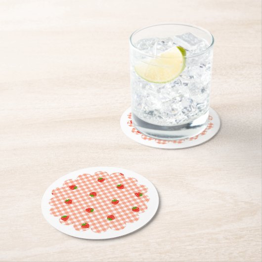 DESSOUS-DE-VERRE ROND EN PAPIER いちご&ギンガムチェック(サーモンピンク)    (En situation)