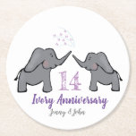 Dessous-de-verre Rond En Papier 14e anniversaire de l'éléphant d'ivoire violet<br><div class="desc">Joli dessous de verre d'anniversaire du 14ème mariage en violet et blanc avec un couple d'éléphants. Le coussin comprend un espace pour les noms du couple marié, ainsi que le numéro anniversaire. Parfait pour un mari et une femme ou une fille et un gendre qui célèbrent quatorze merveilleuses années de...</div>