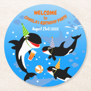 Dessous-de-verre Rond En Papier 1er anniversaire sous la mer orca baleine fille