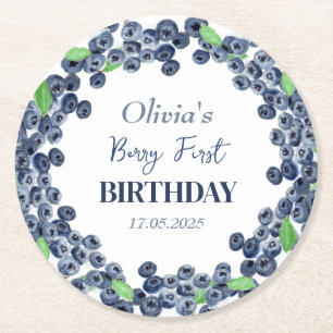 Dessous-de-verre Rond En Papier 1ère fête d'anniversaire Blueberry Baby Girl