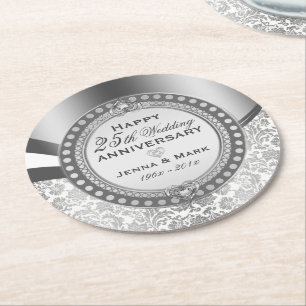 Dessous-de-verre Rond En Papier 25e anniversaire du Mariage Damas blanc et argent