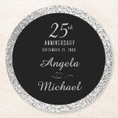 Dessous-de-verre Rond En Papier 25th Anniversary Silver Sparkle Black Stylish Glam (Devant)