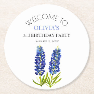 Dessous-de-verre Rond En Papier 2e anniversaire fête Bluebonnets Fleurs Bébé Fille