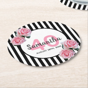 Dessous-de-verre Rond En Papier 40e anniversaire fleurs roses rayures noires