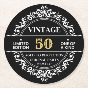 Dessous-de-verre Rond En Papier 50e fête d'anniversaire vintage noir blanc et or