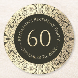Dessous-de-verre Rond En Papier 60e anniversaire Black Gold Elegant Fleurs Vintage