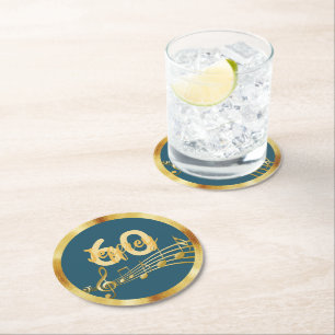 Dessous-de-verre Rond En Papier 60e anniversaire de musique or notes turquoise ble