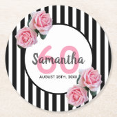 Dessous-de-verre Rond En Papier 60e anniversaire noir blanc rayures rose floral (Devant)