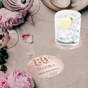 Dessous-de-verre Rond En Papier 80e anniversaire rose or nom