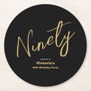 Dessous-de-verre Rond En Papier 90e anniversaire Black Gold Modern Typographie per