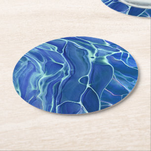 Dessous-de-verre Rond En Papier Abréviation acrylique bleue et Marbre blanc