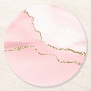 Dessous-de-verre Rond En Papier Agate rose vierge avec ruban or Élégant
