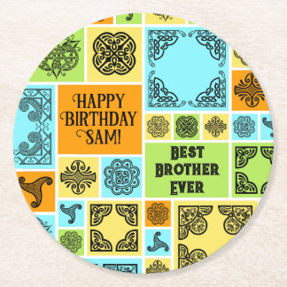 Dessous-de-verre Rond En Papier Ajouter nom et relation Anniversaire Orange & Vert
