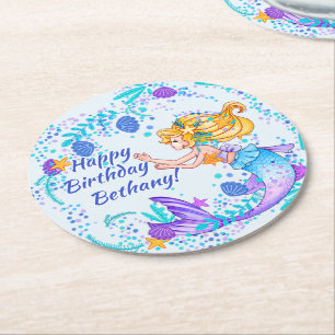 Dessous-de-verre Rond En Papier Ajouter un nom Texte Blonde Mermaid Blue Mauve Aqu