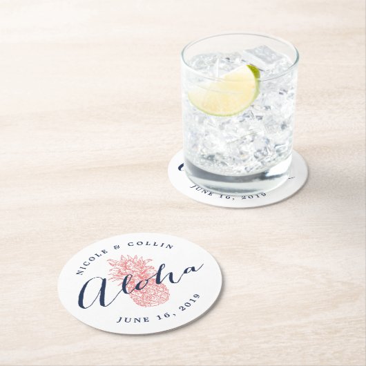 Dessous-de-verre Rond En Papier Aloha Aquarelle tropicale ananas (En situation)