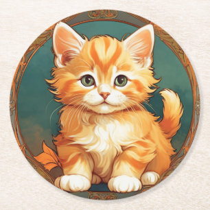 Dessous-de-verre Rond En Papier Alphonse Mucha Style Chat orange