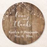 Dessous-de-verre Rond En Papier Amour et Merci, Rustic Brown Wood & Lights<br><div class="desc">Cette suite de design rustique et élégante de mariage et d'invitation à l'événement présente une combinaison fraîche de tendances design mariages populaires. Avec un riche arrière - plan en bois brun et deux cordes d'accents lumineux scintillants, j'ai utilisé une police de caractères élaborée et moderne de ma collection pour rendre...</div>