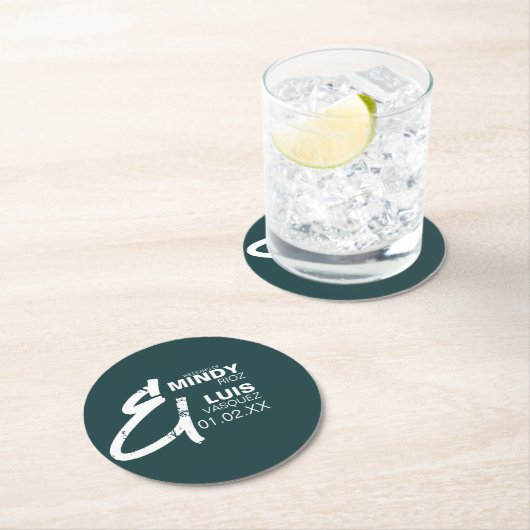 Dessous-de-verre Rond En Papier AMPERSAND GRAS Grunge Vert Blanc Mariage (En situation)