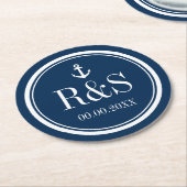 Dessous-de-verre Rond En Papier Ancrage nautique bleu marine monogramme mariage de (Incliné)