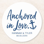 Dessous-de-verre Rond En Papier Ancré Dans Love Beach Mariage Nautique<br><div class="desc">Ajoutez une touche attentive à votre journée de mariage avec ces dessous de verre à thème nautique personnalisés avec vos noms et votre date.</div>