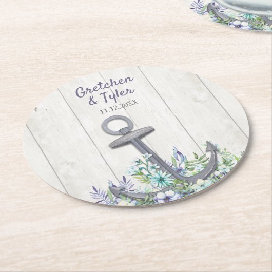 Dessous-de-verre Rond En Papier Ancre florale marine (Incliné)