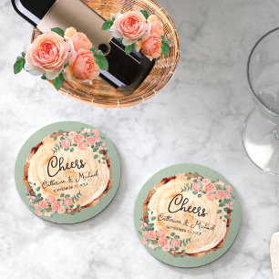 Dessous-de-verre Rond En Papier Anneaux d'écorce en bois rustique Aquarelle rose R