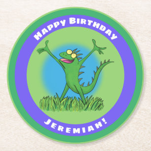 Dessous-de-verre Rond En Papier Anniversaire de lézard d'iguane animé vert amusant