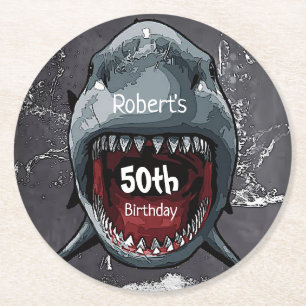 Dessous-de-verre Rond En Papier Anniversaire des requins, Attaque des requins,