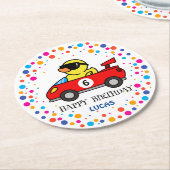 Dessous-de-verre Rond En Papier Anniversaire DUCK race car garçon course rouge nom (Incliné)