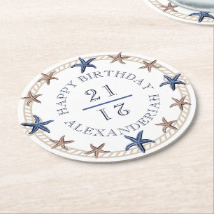 Dessous-de-verre Rond En Papier Anniversaire Marine Bleue Blanc Tan Starfish