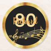 Dessous-de-verre Rond En Papier Anniversaire noir or musique notes nom (Devant)