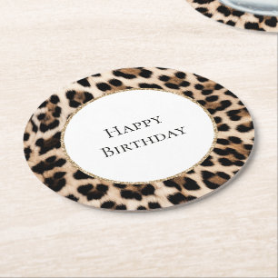 Dessous-de-verre Rond En Papier Anniversaire Paillettes Or Animal Léopard Crème