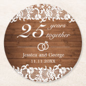 Dessous-de-verre Rond En Papier Anniversaire Rustique en bois et dentelle blanche (Devant)
