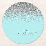 Dessous-de-verre Rond En Papier Aqua bleu Turquoise Parties scintillant argent Mon<br><div class="desc">Aqua Blue - Turquoise et Silver Sparkle Parties scintillant Script Monogramme Nom Dessous de verre papier. Cela fait le cadeau parfait de remise de diplômes,  anniversaire,  mariage,  douche nuptiale,  anniversaire,  baby shower ou bachelorette pour quelqu'un qui aime le luxe glam et les styles chic.</div>
