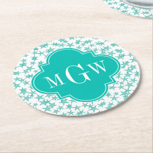 Dessous-de-verre Rond En Papier Aqua / Turq White Stars Quatrefoil Turquoise 3 Mon