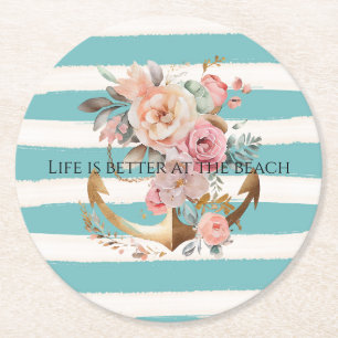 Dessous-de-verre Rond En Papier Aquarelle Aqua Beach rayures Ancres florales