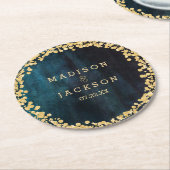 Dessous-de-verre Rond En Papier Aquarelle bleu marine et Mariage or Monogramme (Incliné)