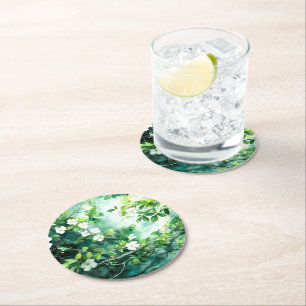 Dessous-de-verre Rond En Papier Aquarelle botanique Fleurs blanches Feuilles verte