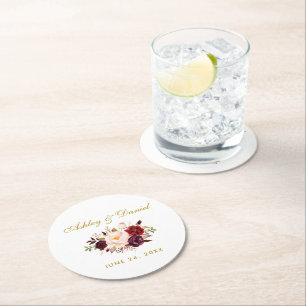 Dessous-de-verre Rond En Papier Aquarelle Bourgogne Floral Mariage or