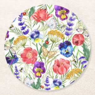 Dessous-de-verre Rond En Papier Aquarelle colorée Fleurs de champ Dessous de verre