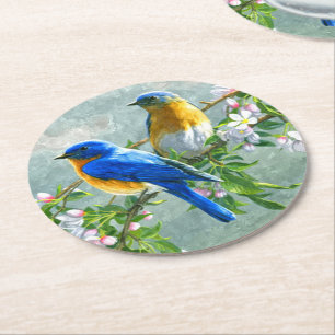 Dessous-de-verre Rond En Papier Aquarelle couleur bleu clair jaune Oiseaux cerisie