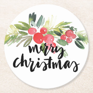 Dessous-de-verre Rond En Papier Aquarelle de Noël - houx de Joyeux Noël
