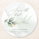 Dessous-de-verre Rond En Papier Aquarelle feuillage et mariage or enregistrer la d<br><div class="desc">Etherial aquarelle feuillage et l'effet or métallique mariage enregistrer la date invitation. Avec de beaux détails aquarelle. Cette invitation de mariage moderne est sûr de définir le style pour votre grand jour.</div>